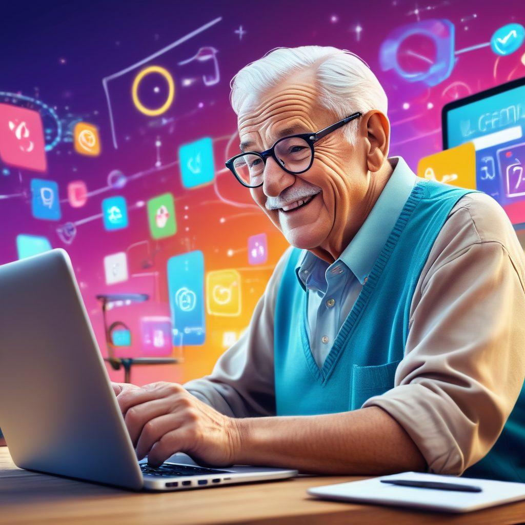 A cheerful elderly man with glasses, comfortably seated in front of a computer, with a younger person guiding him from the side; symbols of technology like smartphones, tablets, and Wi-Fi icons subtly surrounding them, illustrating a supportive and empowering atmosphere. bright colors. digital art style.