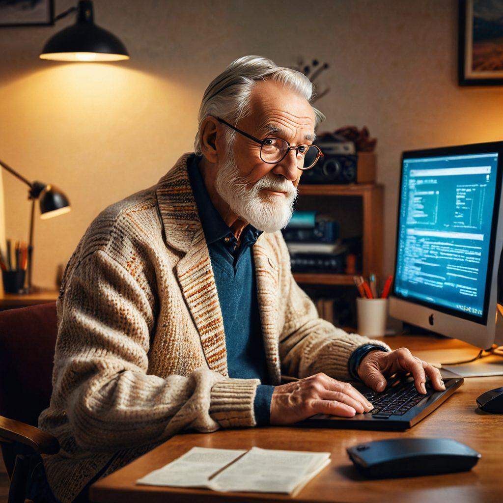 An elderly grandfather in cozy attire, sitting at a desk with a modern computer, attentively learning web development. The background shows a blend of vintage elements and sleek, contemporary web design posters. There are hints of HTML code and colorful website designs on the screen and surrounding area. Digital transformation in a warm, inviting setting. super-realistic. vibrant colors. warm lighting.