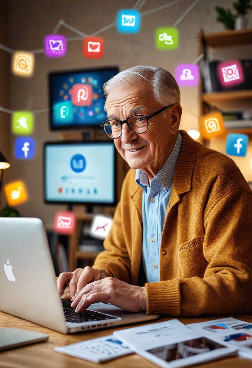 An elderly man with glasses sitting at a desk, confidently using a modern laptop. Surround him with icons of various tech skills: email, social media, video calling, and online shopping. Add a few playful grandchildren in the background, cheering him on. super-realistic. vibrant colors. warm lighting.